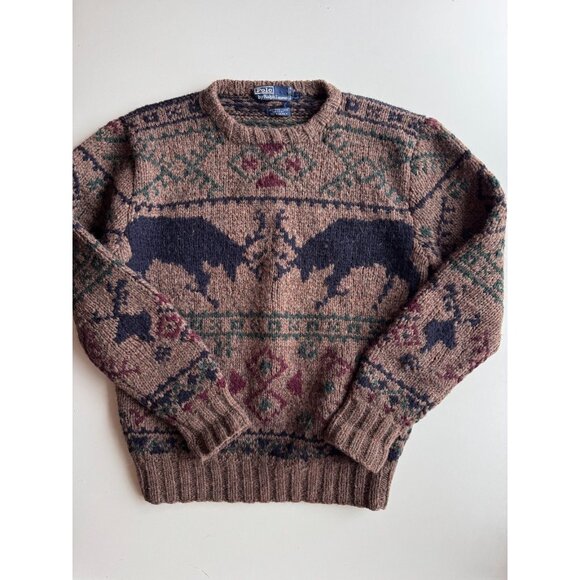 POLO RALPH LAUREN Brown Reindeer Deer Wool Hand Knit Crew Neck Sweater, Size S - Picture 3 of 10